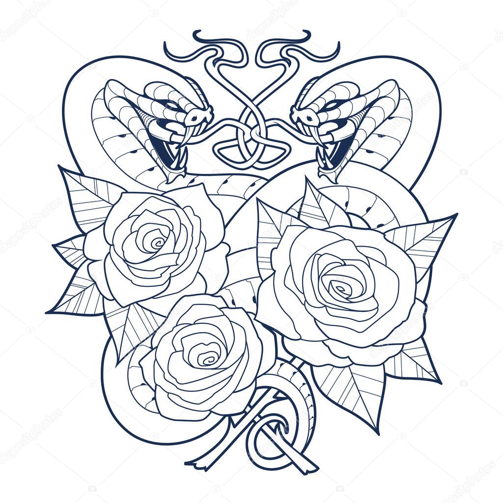 Two snakes with open mouth, roses and leaves.  Monochrome tattoo style vector art. 