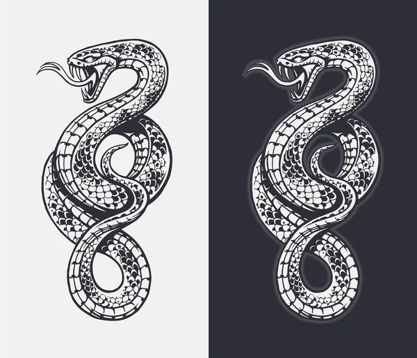 白黒の背景に描かれた手描きのヘビ ヘビの詳細な彫刻ベクトルアート モノクロームイラスト — ストックベクタ