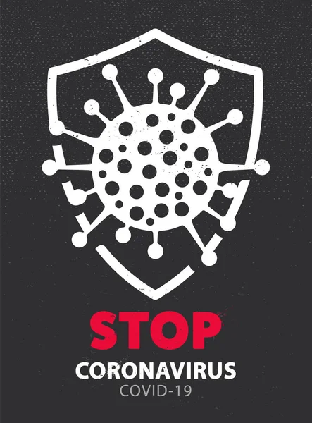 방패에 코로나 바이러스 분자가 포스터 디자인 텍스트 Stop Coronavirus Grunge — 스톡 벡터