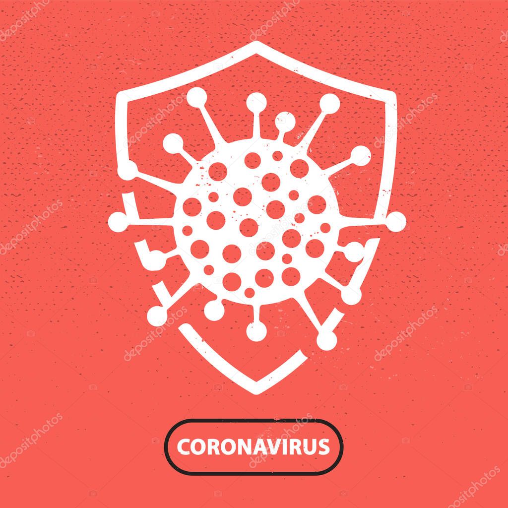 Banner design with coronavirus molecule in shield. Grunge retro style vector graphics.