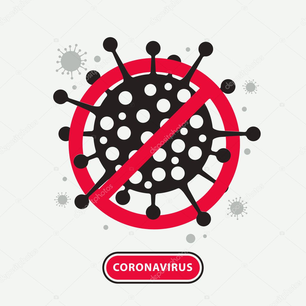 Simple coronavirus molecule with stop sign. Vector flat illustration.