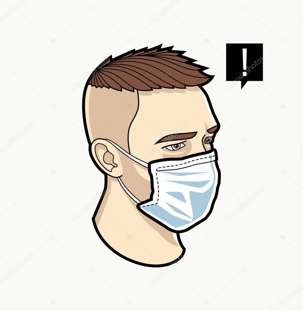 Man face in respiratory mask. Abstract design of coronavirus awareness. Vector graphics.