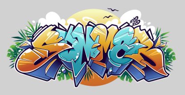 Yaz Graffiti Harf Vektörü Sanatı. Üç boyutlu sulu harfler. Arka planda tropik yapraklar, bulutlar ve güneş. Vektör illüstrasyonu.