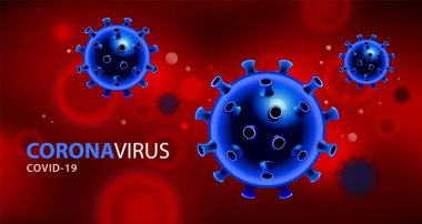 Coronavirus COVID-2019 virüs hücreleri ve kırmızı kan hücreleri ile fütüristik arka plan. Ölümcül virüs türü 2019-nCoV. Koronavirüs bakterisinin 3 boyutlu modelleri. Vektör illüstrasyonu.