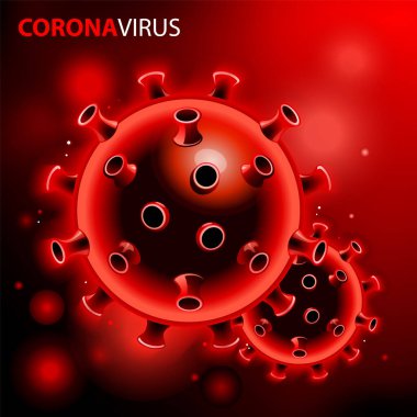 3D COVID-2019 kırmızı hücreler. Bakteri ve yazıt koronavirüsü olan kırmızı arkaplan. 2019-NCoV konsepti. Vektör illüstrasyonu.