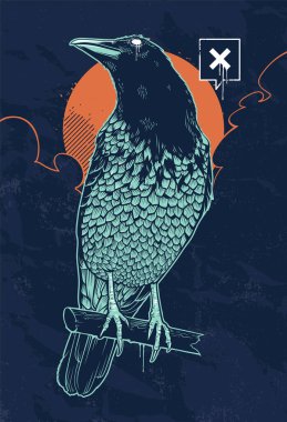 Vector illustration of mystical raven. Mysterious sky with moon. Dirty grunge art. Vertical composition poster. clipart