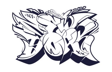 New York Graffiti Vahşi Style Harf Vektörü İllüstrasyonu. Siyah-beyaz 3D harfler..