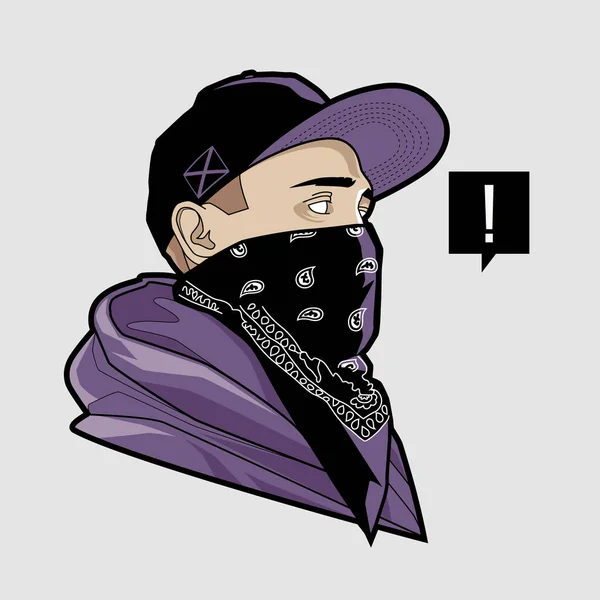 Arte Línea Gangster Joven Snapback Cara Enmascarada Con Bandana Llevaba — Vector de stock