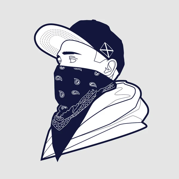 スナップバックでギャングの若者のラインアート バンダナでマスク顔 フーディに身を包んだ ベクターイラスト — ストックベクタ