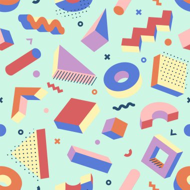 Memphis Tarzı Soyut Vektör Sanatı. Yarım ton, geometrik ve beyaz arkaplanda düz parlak renk şekilleri. 80 'ler - 90' lar tasarım trendi. Vektör illüstrasyonu.
