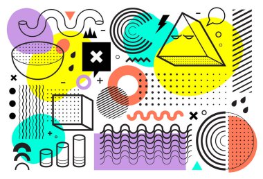 Memphis Tarzı Soyut Vektör Sanatı. Yarım ton, geometrik ve beyaz arkaplanda düz parlak renk şekilleri. 80 'ler - 90' lar tasarım trendi. Vektör illüstrasyonu.