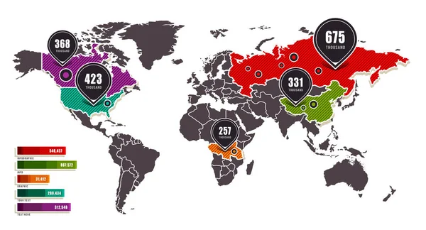 Mapa Mundo Com Elementos Design Infográfico Indicadores Pontos Áreas Selecionadas — Vetor de Stock