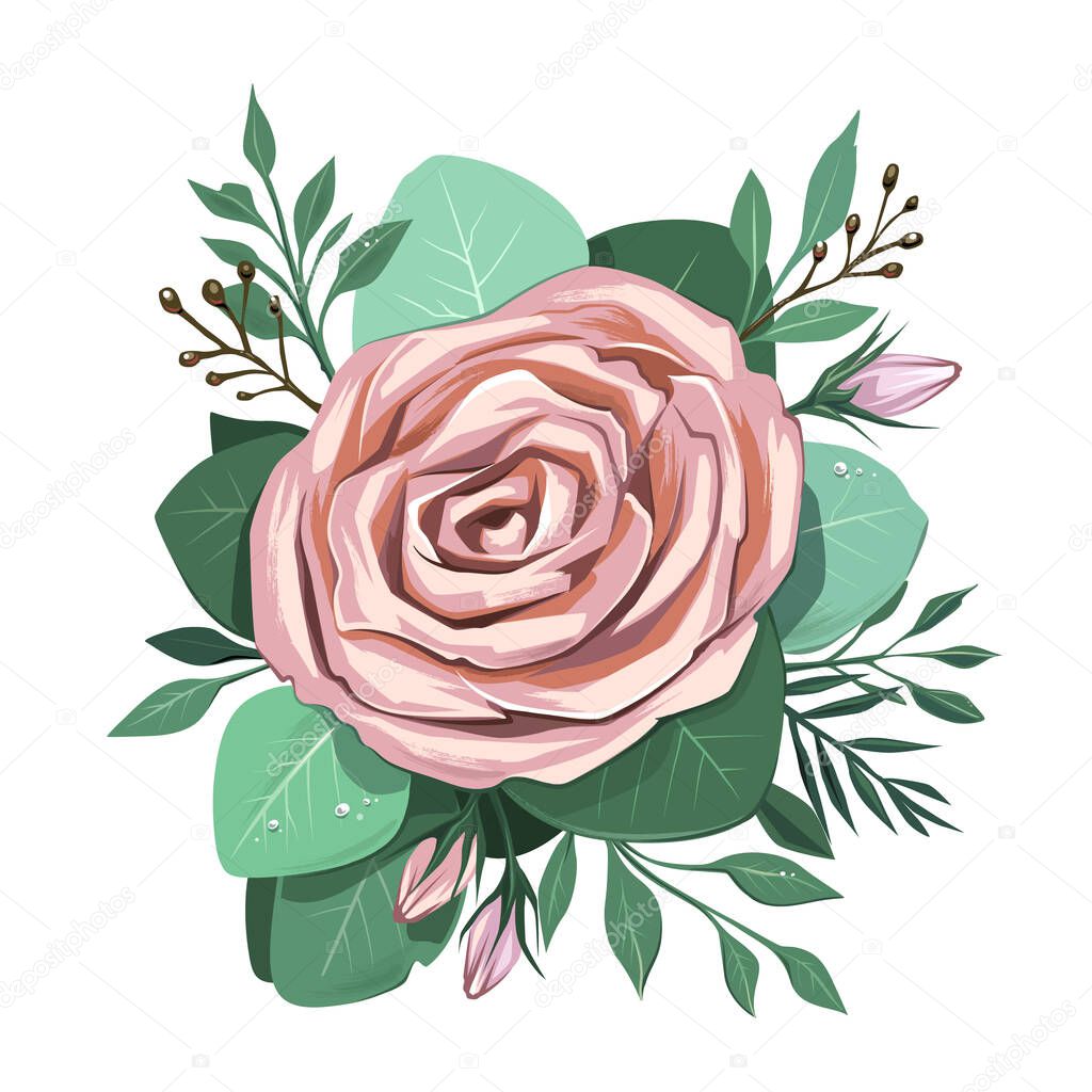 Watercolor style art of flowers bouquet with soft pastel colors isolated on white. Rose with leaves. Vector illustration.