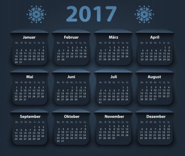Takvim 2017 yıl Alman. Pazartesi günü başlayan hafta