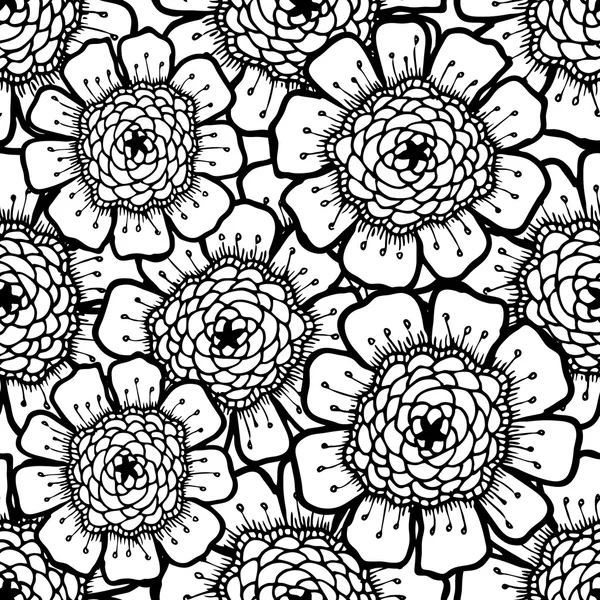 Kunstvolle florale Muster mit Blumen. Doodle Sharpie Hintergrund. Schwarz-Weiß-Vorlage für Karte, Plakat, Faltblatt. — Stockvektor