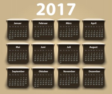 Takvim 2017 yıl Alman. Pazartesi günü başlayan hafta