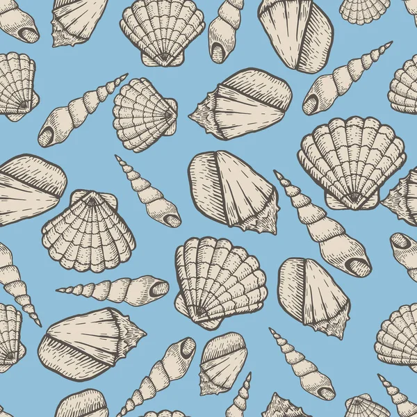貝殻コレクション手には、水生落書きベクトル図が描かれました。スケッチのシームレス パターン. — ストックベクタ