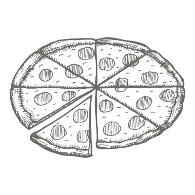 Çizim vektör vintage pizza. Elle çizilmiş tek renkli lokanta illüstrasyon.