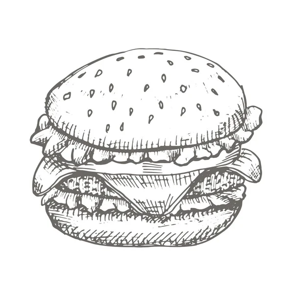 Çizim vektör vintage burger. Elle çizilmiş tek renkli lokanta illüstrasyon. — Stok Vektör