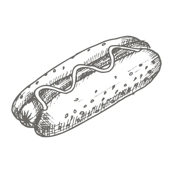 Vektor Vintage Hot Dog Zeichnung. handgezeichnete monochrome Fastfood-Illustration. — Stockvektor