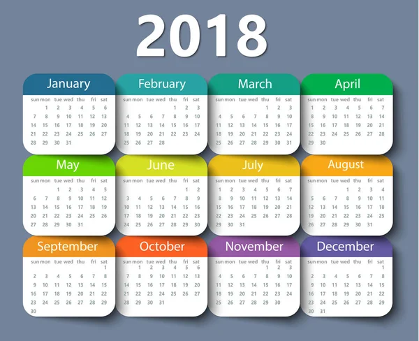 Calendrier 2018 année vectoriel modèle de conception . — Image vectorielle