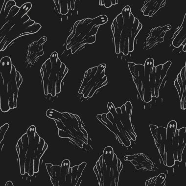 Hayaletler için siyah arka plan üzerine Cadılar Bayramı. Sevimli Hayaletler karakter. vektör çizim