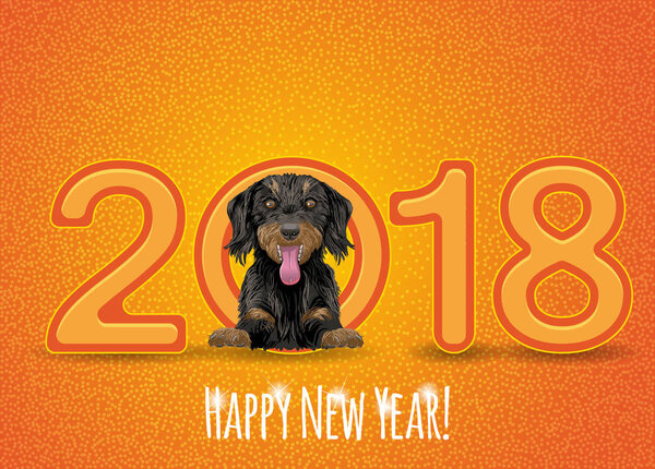 Flyer with the numbers and a happy dog symbol 2018 year on Chinese calendar.