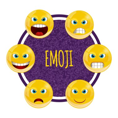 Sarı gülen yüz ifadeleri, emoji, illüstrasyon vektör.