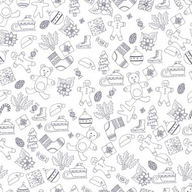 Elle çizilmiş çam ağaçları, Hediyelik, yay, Noel oyuncaklar ile sorunsuz vektör desen. Mevsim kış arka plan beyaz kağıt üzerinde