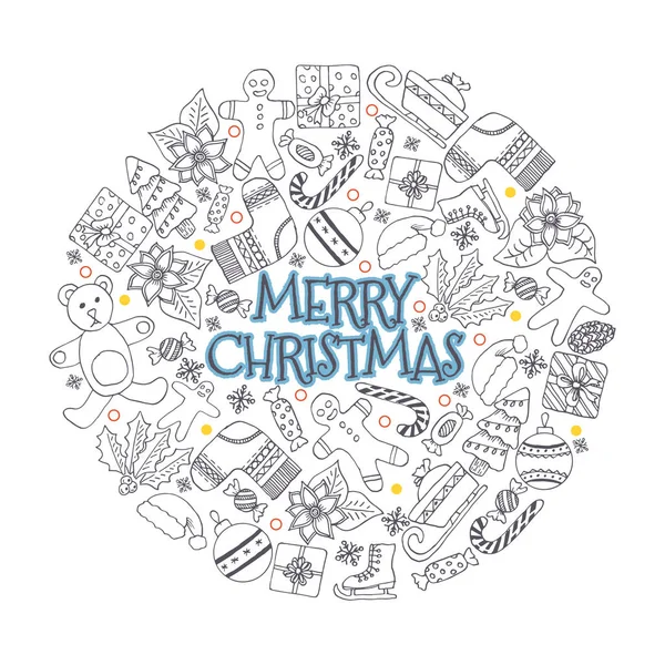 Modello vettoriale con abeti disegnati a mano, regalo, archi, giocattoli natalizi. Sfondo invernale stagionale sulla carta bianca — Vettoriale Stock