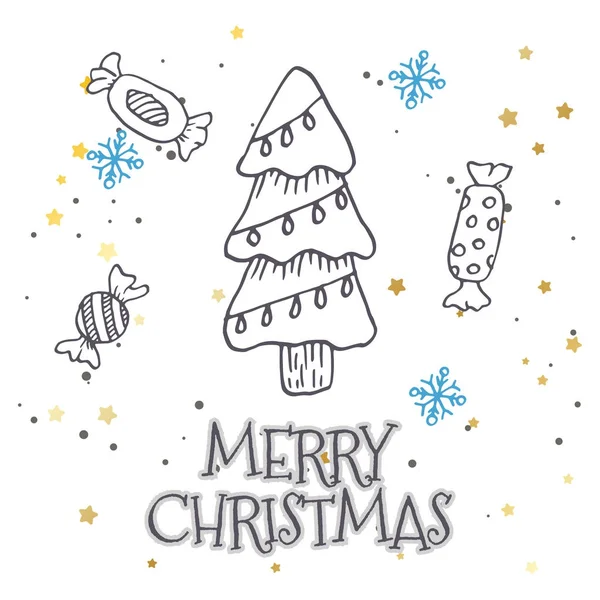 Modello vettoriale con abeti disegnati a mano, regalo, archi, giocattoli natalizi. Sfondo invernale stagionale sulla carta bianca — Vettoriale Stock