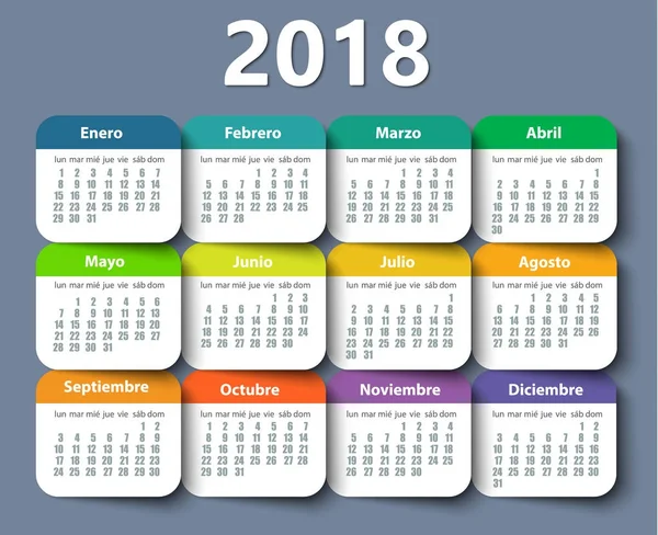 Calendario 2018 año vector diseño plantilla en español . — Vector de stock