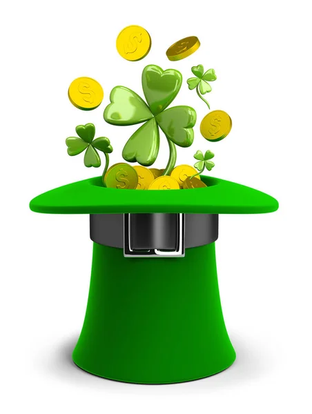 St Patricks klobouk s mincí a čtyřlístek — Stock fotografie