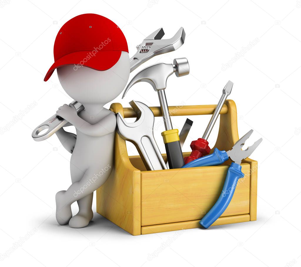 3d small people - repairman near the toolbox