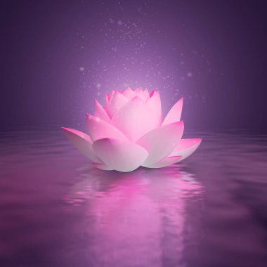 Su yüzeyinde pembe nilüfer. Pembe parıltı. 3D görüntü oluşturuldu. Esmer leylak arkaplan. Sudaki yansıma.