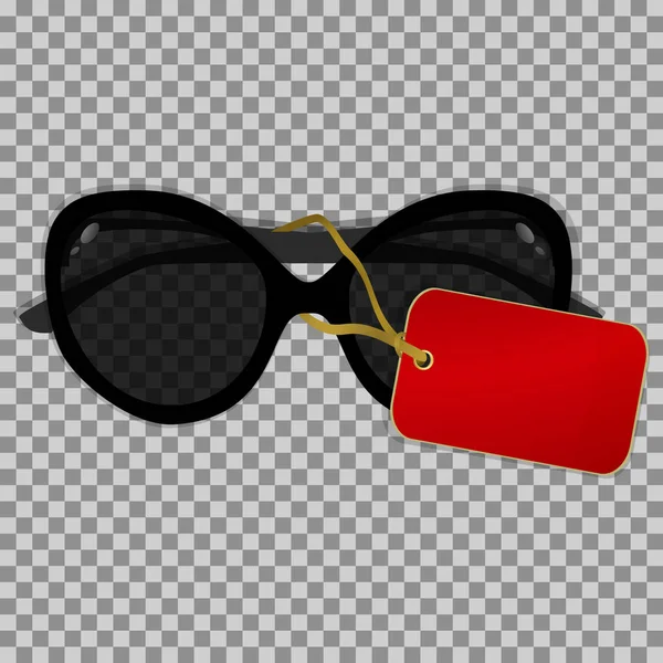 Gafas de sol negras con la etiqueta sobre fondo transparente — Vector de stock