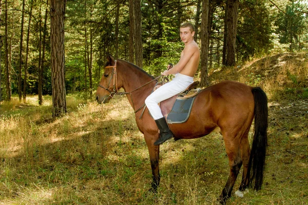 Jovem na floresta a cavalo — Fotografia de Stock