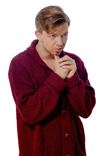 Young man dressed in a maroon sweater — Stock Photo, Image