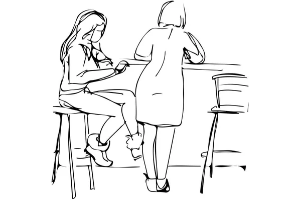 Vektor-Skizze von zwei jungen Frauen in einem Café auf den Hochstühlen — Stockvektor