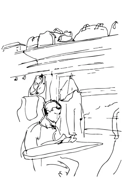 Vektorskizze eines Mannes, der in einem Eisenbahnwaggon in der Nähe des Bahnhofs sitzt. — Stockvektor