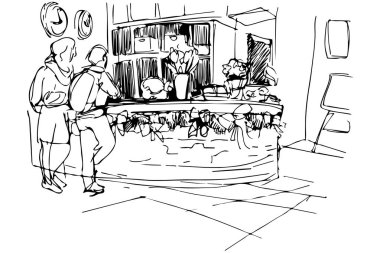 Resepsiyon hostel erkek ve kadın backpac ile vektör kroki