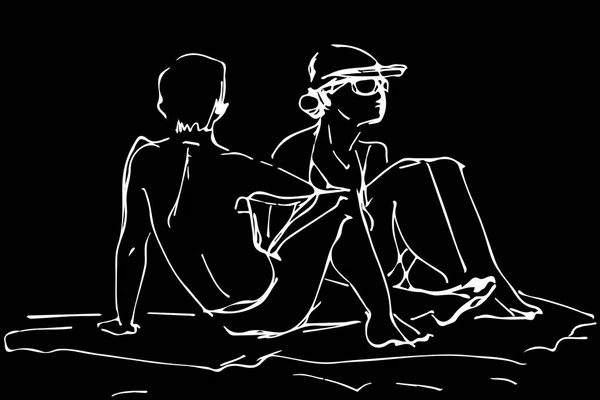 Croquis vectoriel d'un jeune homme à côté de la femme assise sur la plage — Image vectorielle