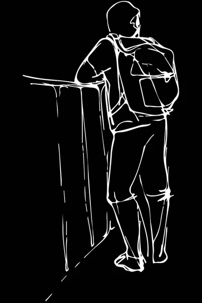 Vektor-Skizze eines jungen Mannes mit einem Rucksack, auf den er sich stützt — Stockvektor