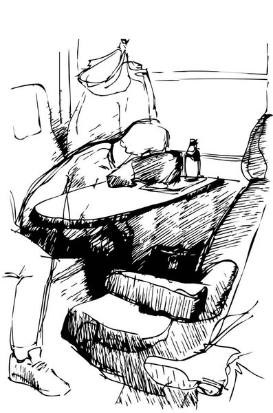 vector sketch of a young man sleeping on a table by the window i