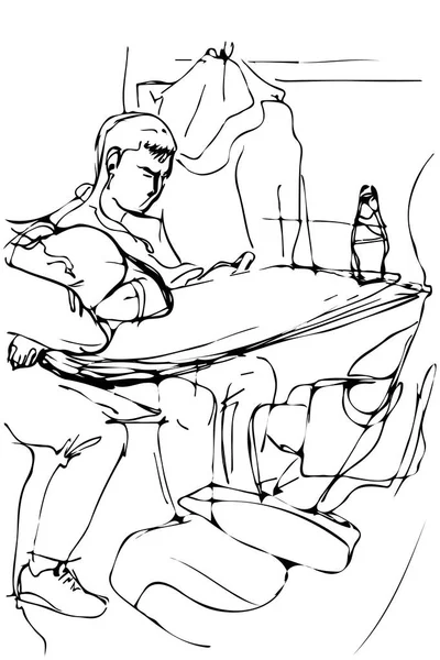 Dibujo vectorial de un joven durmiendo en una mesa junto a la ventana i — Vector de stock