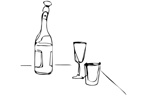 Croquis vectoriel d'une bouteille de champagne et des verres de vin sur le t — Image vectorielle