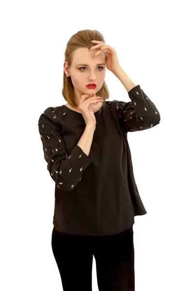 Beautiful young girl in a black blouse — Stock Photo, Image