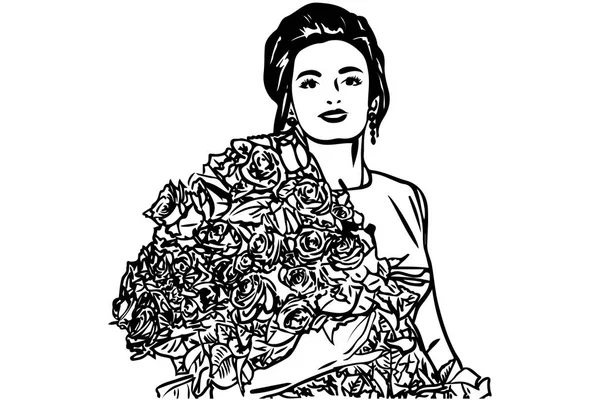 Esboço vetorial de uma menina bonita com um buquê de rosas —  Vetores de Stock
