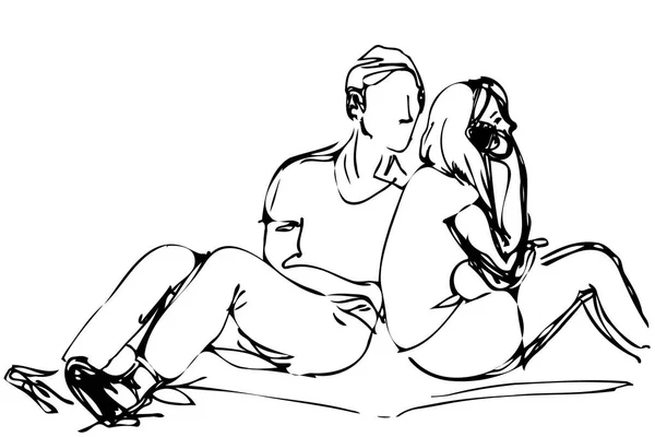 Skizze eines jungen Mannes und eines Mädchens, die auf einer Matte im Park sitzen — Stockvektor