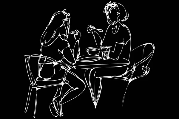 Vector sketch two girls eat in a cafe — Stock Vector